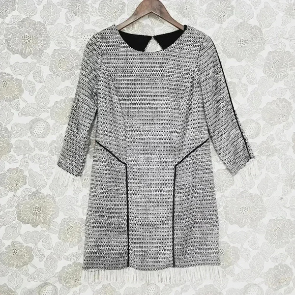 NWT Sam Edelman Tweed Scoop Neck Back Keyhole/ Full Zip Fringe Mini Dress M - Picture 1 of 12